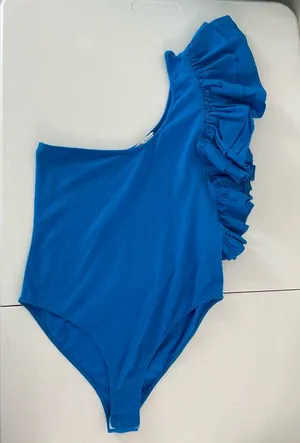 EUC ZARA women’s bright‎ blue off-shoulder ruffle sleeve fitted bodysuit large thumbnail 1