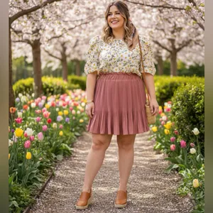 Oddi Plus Size 2X Pleated Mini Skirt Mauve Rose Smocked Tiered Ruffle Skirt NWT thumbnail 2