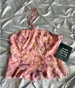 Lulus Strapless Floral Tube Crop Top Ruffle Hem Lined Tie Closure Size L thumbnail 1
