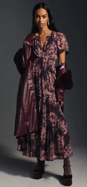NWT by Anthropologie The Somerset Maxi in Crimson Print Chiffon Edition Dress XS thumbnail 1
