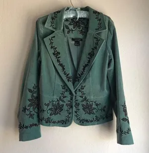 Turquoise Blue Green Velvet Jacket Embroidery Detail Size 6 western thumbnail 1