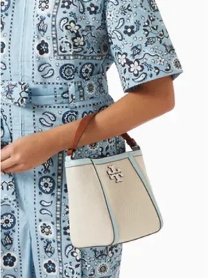 Tory Burch McGraw bucket canvas small tote bag cream blue thumbnail 2
