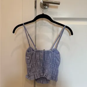 Abercrombie & Fitch Blue Strapless Linen-Blend Ruched Top thumbnail 4