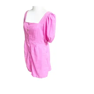 Old Navy Mini Dress Women M Pink Linen Blend Puff Sleeve Button Front Barbiecore thumbnail 3