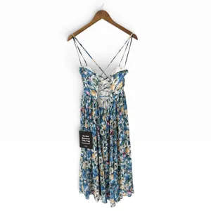 Lulus Aleyna Blue Multi Abstract Pleated Lace-Up Bustier Midi Dress size L NWT thumbnail 5