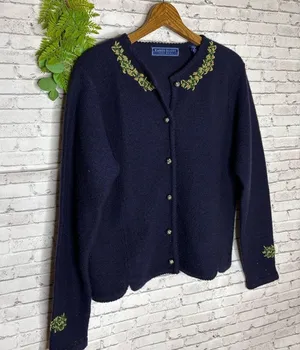 Vintage Karen Scott Navy Blue Cottagecore Embroidered Cardigan Sweater thumbnail 3