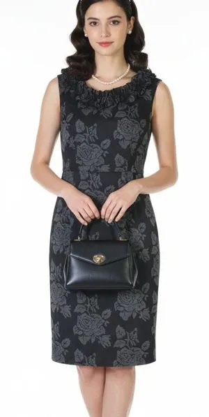 NWT London Times Floral Ruffle Sheath Dress Womens 8 Black Knit Modest Church thumbnail 1
