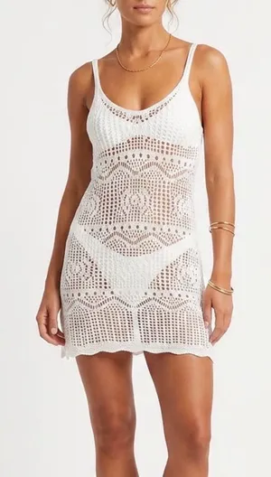 White Crochet Knit Beach Cover Up Dress Spaghetti Strap Mini V-Neck Large thumbnail 1