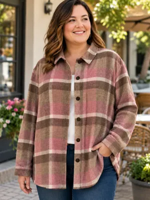 Allison Daley Women's Size 16 Plaid Shacket Button Front Shirt Jacket Pink Brown thumbnail 1
