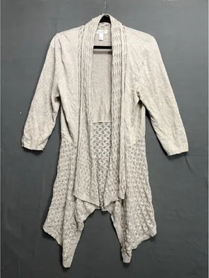 Dressbarn Petite L Beige Crochet Open Front Cardigan thumbnail 3