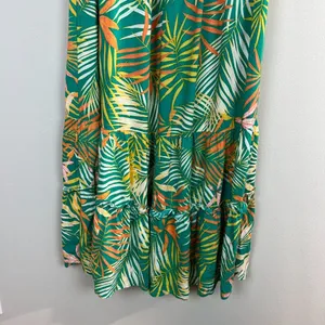 Betsey Johnson Maxi Dress Small Green Palm‎ Leaf Tropical Smocked Puff Sleeve thumbnail 4