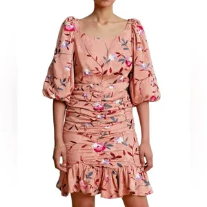 ByTimo Ruched Floral Embroidered Jacquard Dress Balloon Sleeves Coral Size XS thumbnail 6