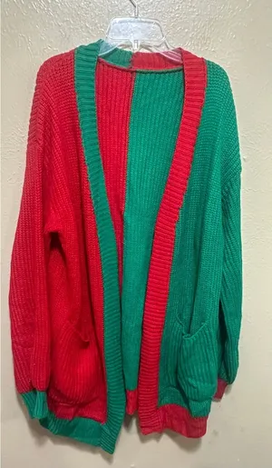 Red & Green Color Block Knit‎ Cardigan Sweater Christmas Holiday Women's Small thumbnail 1