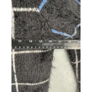 Arette Womens Cardigan Fuzzy Grid Plaid Fringe Zip Up Black Blue Large thumbnail 5