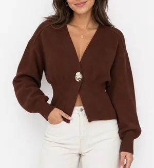 Stile by Per Lei Brown Ribbed Cardigan Statement Button Sweater L thumbnail 1