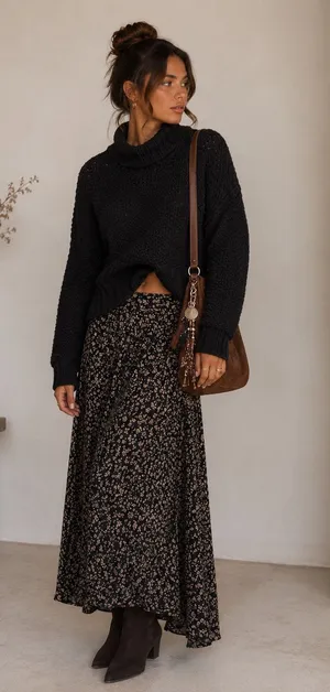 Free People Black Chunky Knit Turtleneck Sweater Womens XS Pullover Boho Fall thumbnail 1
