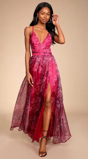 NWT Lulus Romance That Wows Magenta Floral Print Organza Maxi Dress Prom Size L thumbnail 1