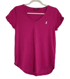 Polo Ralph Lauren Women's Small V-Neck T-Shirt Berry Pink Cotton Slub Pony Logo thumbnail 1