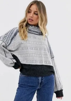 NEW Free People At The Lodge Pullover Top Size XS Grey Frost Combo Fair Isle Ski thumbnail 1