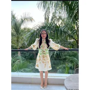 Tahari Border Print Belted Long Sleeve Dress Ivory Fern thumbnail 2