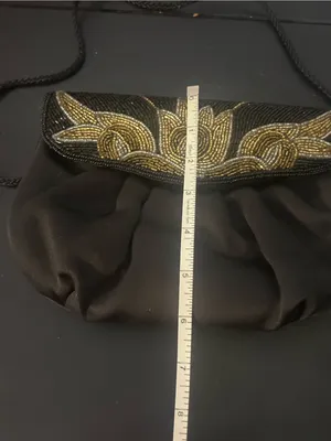 Vintage Black Satin Beaded Evening Clutch Floral Gold Silver Shoulder Purse thumbnail 5