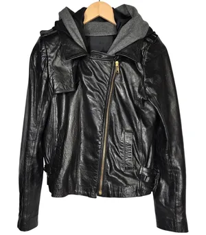 ALC Black Lamb Leather Hooded Moto‎ Jacket Paneled Wool Blend Contrast Trim 4 thumbnail 1