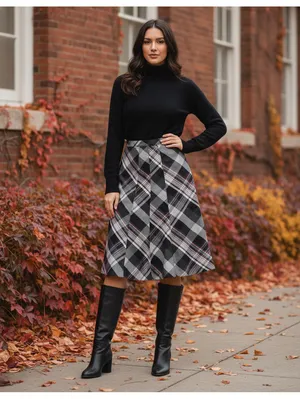 Nine West Plaid Skirt Women's Size 8 Black Grey Red A-Line Bias Cut Midi Skirt thumbnail 6