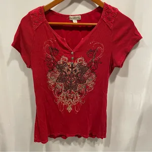Red y2k soft baby rib bling button neck cap sleeve top Live and let live thumbnail 11