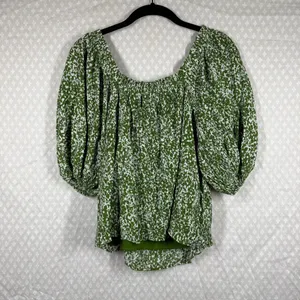 Abercrombie & Fitch Green White Splattered Print Puff Sleeve‎ Top thumbnail 5