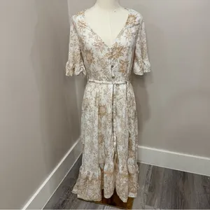 Petal + Pup Floral Button Front‎ Midi Dress Tan White Boho Flutter Sleeve Size 8 thumbnail 2