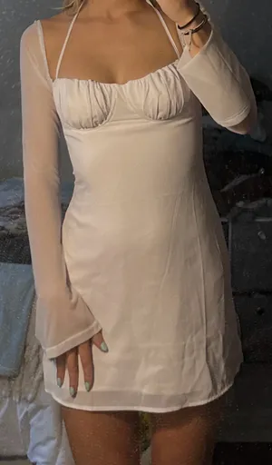Princess Polly Long Sleeve Sheer White Tie-neck dress thumbnail 1