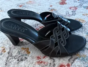 Franco‎ Sarto Y2k Black Leather Woven Mule Block Kitten Heel Sandals thumbnail 1