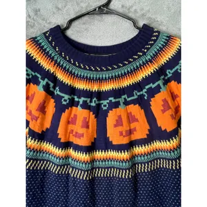 Vintage Navy Fair Isle Pumpkin Sweater Tunic Cottagecore Folk Knit Whimsical Med thumbnail 2