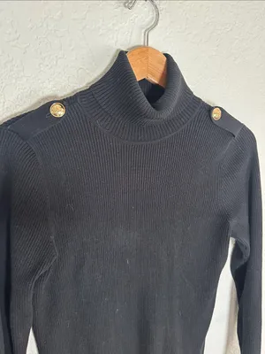 Ralph Lauren Black Ribbed Turtleneck Sweater Gold Buttons Epaulettes Preppy thumbnail 2