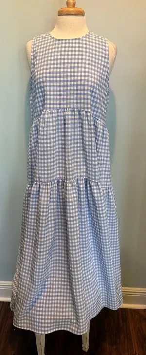 En Saison Blue/White Gingham Check Seersucker Tiered Maxi Dress size Large thumbnail 1