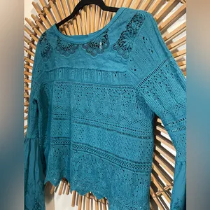 Free People Once Upon A Time Teal Lace Knit Bell Sleeve Top Fairy Boho thumbnail 7