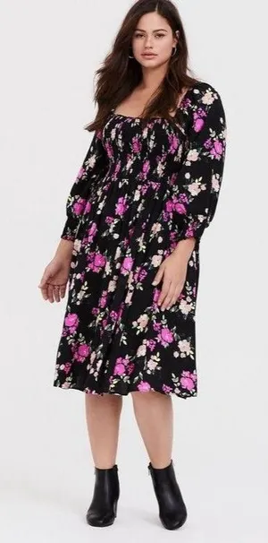 Torrid Black Floral Challis Smocked Long Sleeve Dress Plus Size 2 2X thumbnail 1