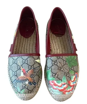 Gucci Tian GG Supreme Espadrille Flats Floral‎ Bird Print 37 thumbnail 1
