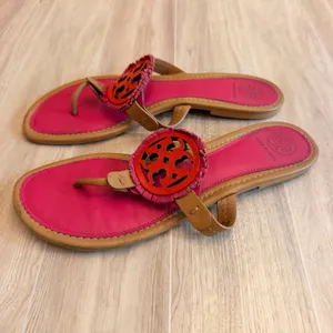 Tory Burch Miller Sandals Women 9M Pink Tan Good Fringe Logo Thong Flats thumbnail 2