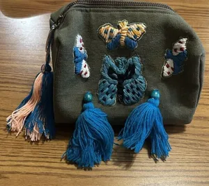 NEW Anthropologie Raj Cotton Canvas Embroidered Butterfly Tassels Green Zip thumbnail 1