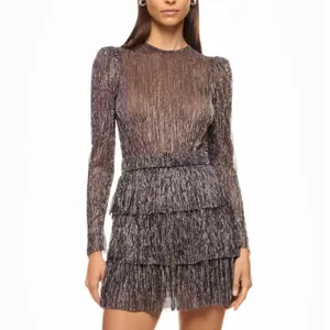 Sabina Musayev Purple Tiered Ruffle Mini Dress XS Plisse Metallic Cocktail $285 thumbnail 4