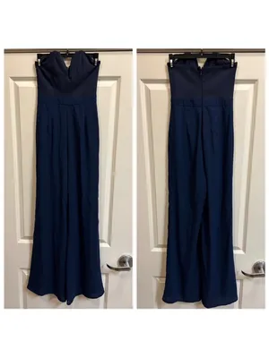 Tobi Navy Strapless Deep V Flowy Jumpsuit - size M thumbnail 3