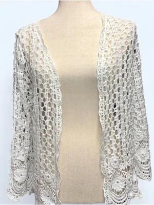 Vintage Style White Crochet Cardigan‎ Open Front Shrug Coquette Boho Knit thumbnail 2