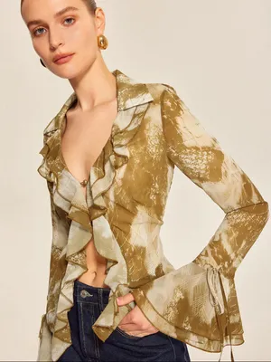 Commense Women's Large Brown Ruffled Modern Vintage-Infused Bell Sleeved Blouse thumbnail 7