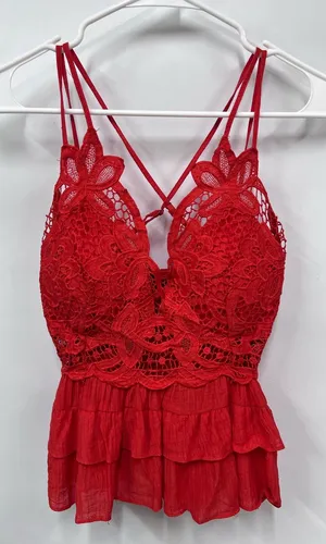 Red Lace bohemian tank top Strappy Camisole crochet peplum tiered bralette M thumbnail 1
