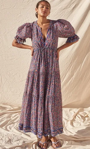 SAYLOR Blue Multi Floral Puff-Sleeve Maxi Dress Size L 90% Viscose thumbnail 1