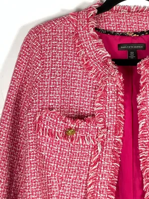 Saks Fifth Avenue Tweed Jacket XS Pink Frayed Trim Open Front Blazer thumbnail 4