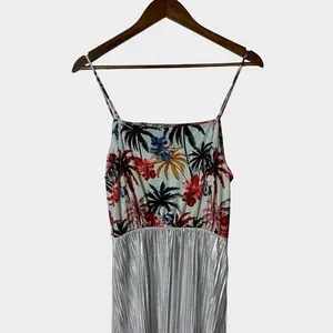 Zara Trafaluc Tropical Floral Silver Metallic Pleated Midi Dress Medium‎ Summer thumbnail 8