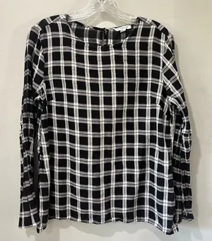 Beach Lunch Lounge Womens Size Medium Black White‎ Plaid Long Sleeve Peasant Top thumbnail 1