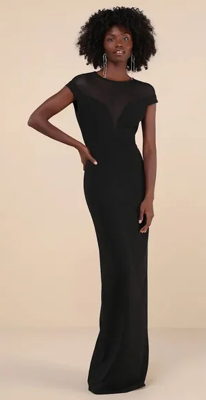 Lulus Truly Mysterious Black Sheer Mesh Cap Sleeve Maxi Dress Wedding Size M thumbnail 1